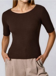 Swetrowa bluzka z krótkim rękawem z wiskozą - brązowy