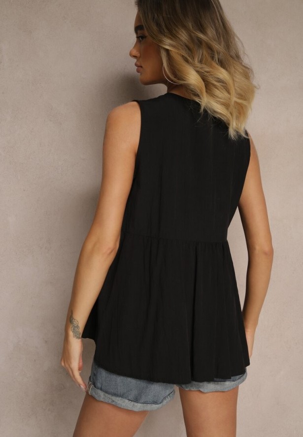 Czarna Bluzka z Wiskozą z Baskinką Wiązana przy Dekolcie Davienne