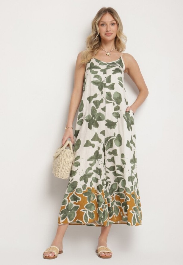 Zielono-Beżowy Kombinezon z Wiskozą na Ramiączkach z Szeroką Nogawką Iffre