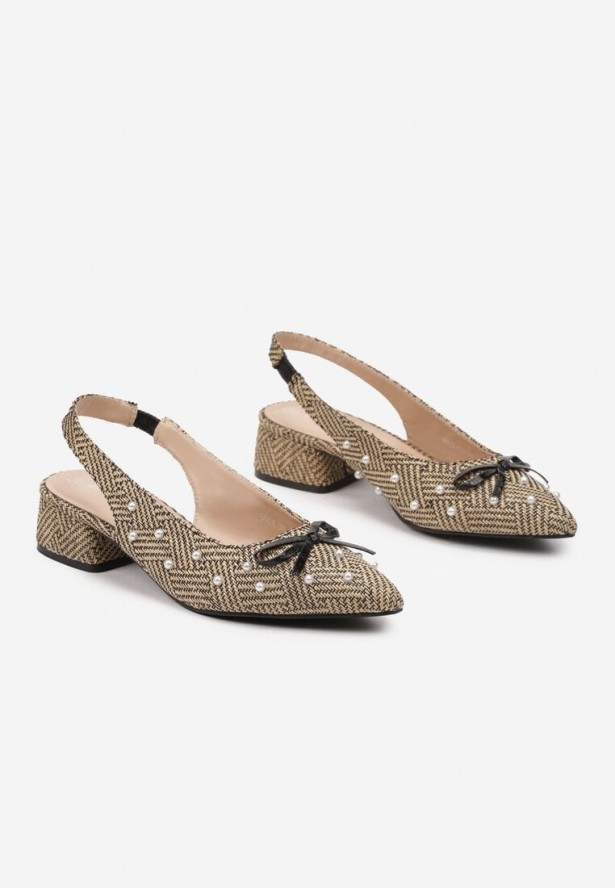 Beżowo-Czarne Czółenka na Słupku Typu Slingback Ozdobione Kokardą i Perełkami Calretis