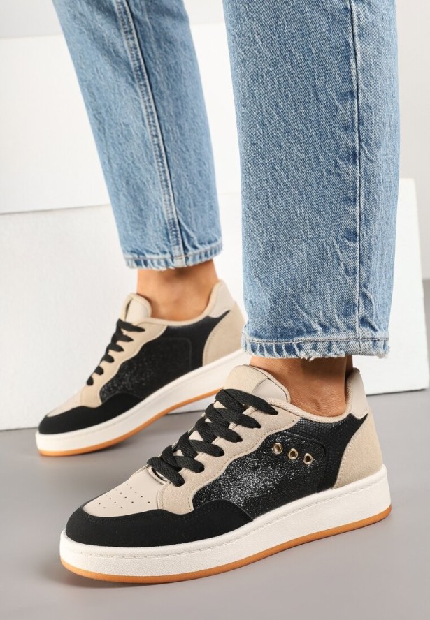 Czarno-Beżowe Streetwearowe Sneakersy Zdobione Przeszyciami Neonisea