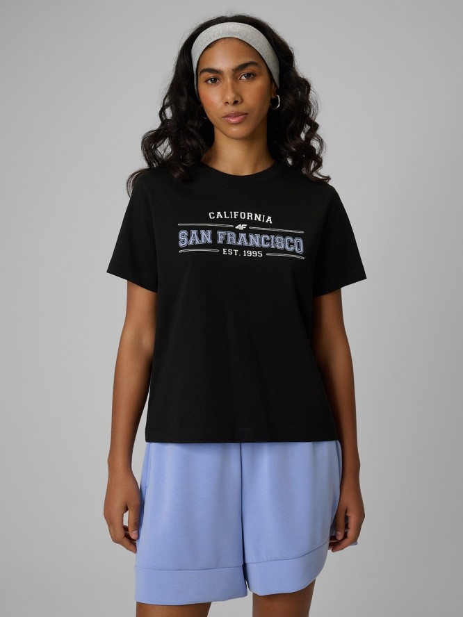 4F T-shirt boxy z nadrukiem damski - czarny XS