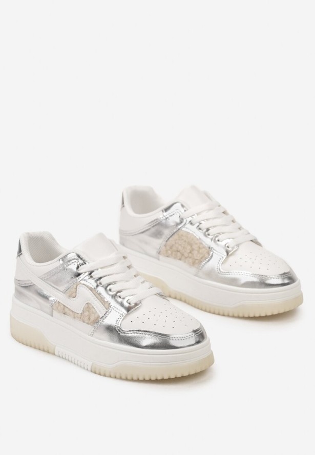 Biało-Srebrne Sneakersy przed Kostkę na Platformie z Futerkiem Rimva
