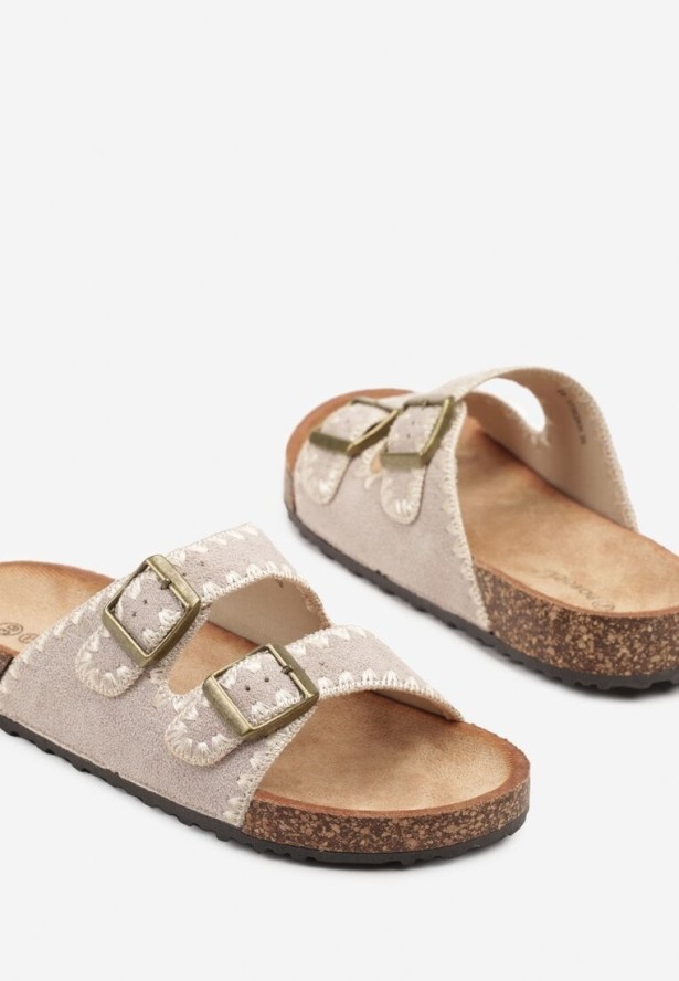 Ciemnobeżowe Klapki na Grubej Podeszwie z Korka ze Wzorem Boho Odrielle