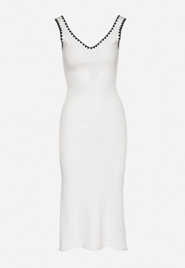 Biała Sukienka Dzianinowa o Taliowanym Kroju na Ramiączkach z Lamówką Zenlimi