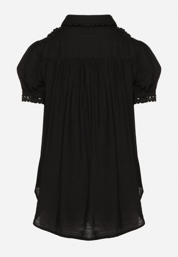 Czarna Koszula z Wiskozy Ozdobiona Koronką Tezinea