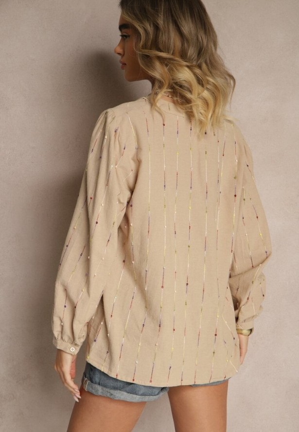 Beżowa Bawełniana Bluzka o Koszulowym Kroju z Ozdobnym Haftem Palithia