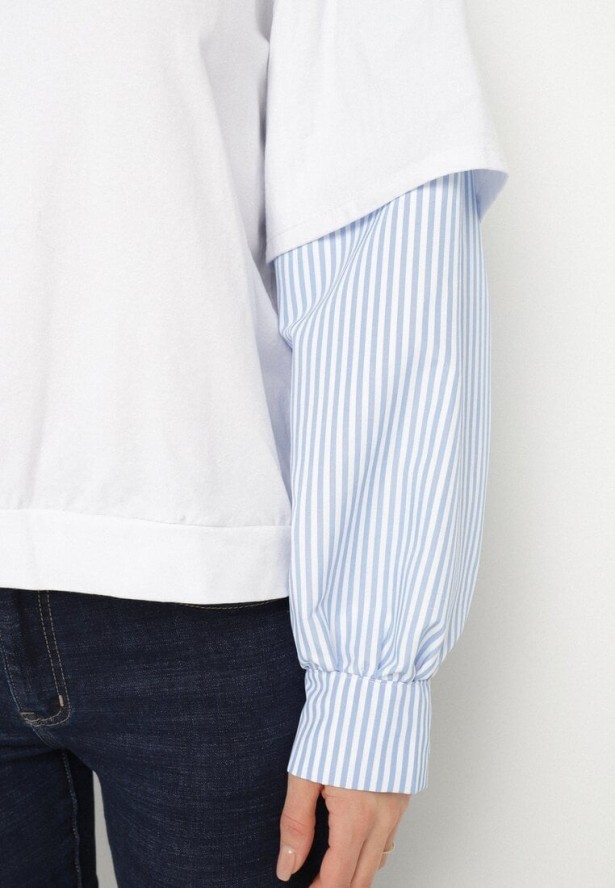 Biała Bluzka z Bawełny z Koszulowymi Rękawami w Paski Firselia