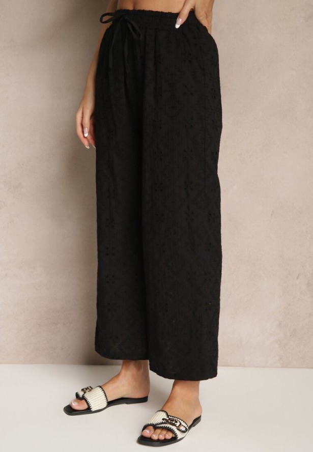 Czarne Spodnie High Waist z Bawełnianej Tkaniny Zdobionej Haftem Mevirona