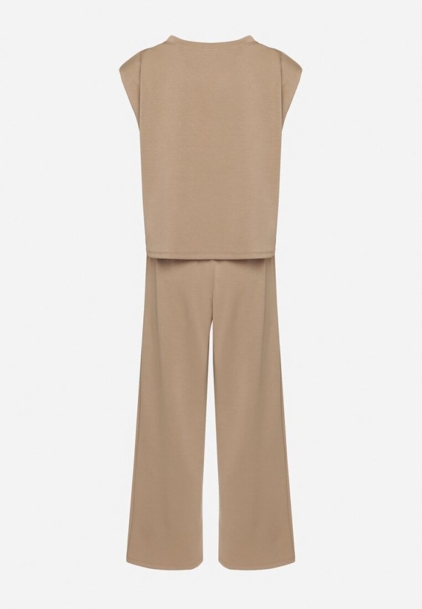 Jasnobeżowy Komplet z Wiskozą Koszulka z Usztywnionymi Ramionami i Szerokie Spodnie Nevisari