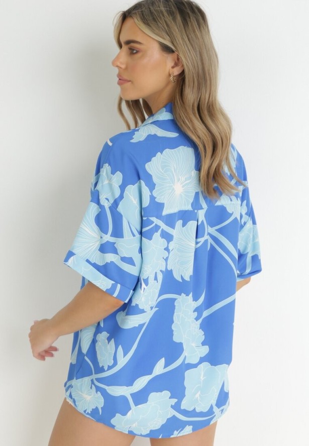 Niebieska Bluzka z Krótkimi Rękawami w Kwiaty Selenes