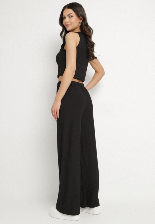 Czarny Prążkowany Komplet Dopasowany Top i Spodnie o Szerokim Kroju Miresia