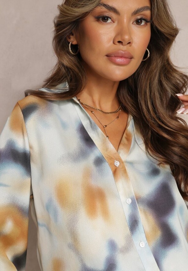 Niebiesko-Brązowa Wzorzysta Koszula z Guzikami i Długimi Rękawami z Mankietami Skadi