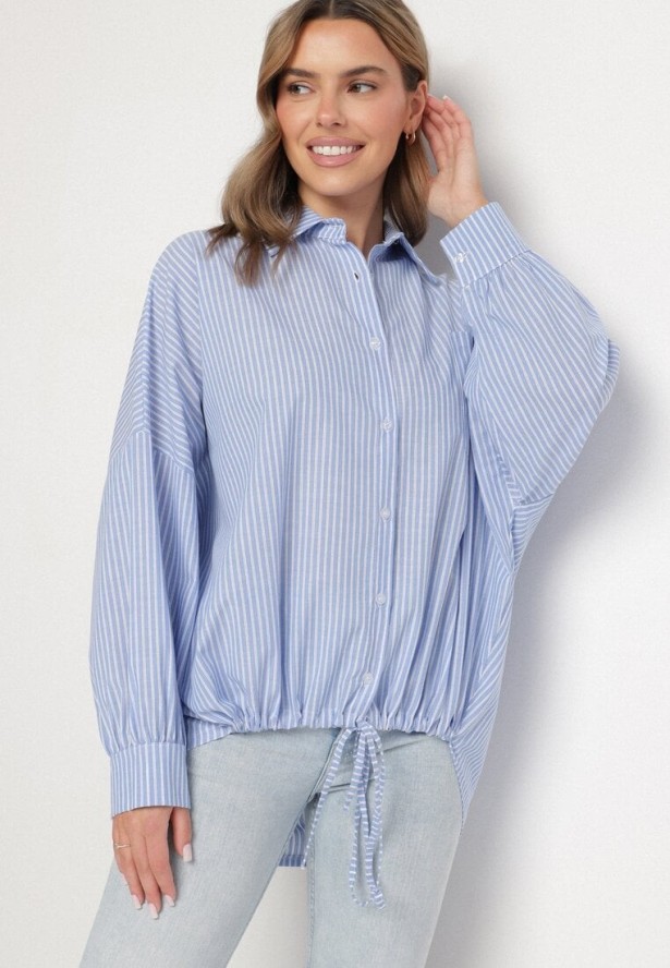 Jasnoniebieska Bawełniana Koszula Oversize w Paski ze Ściągaczem Elineola