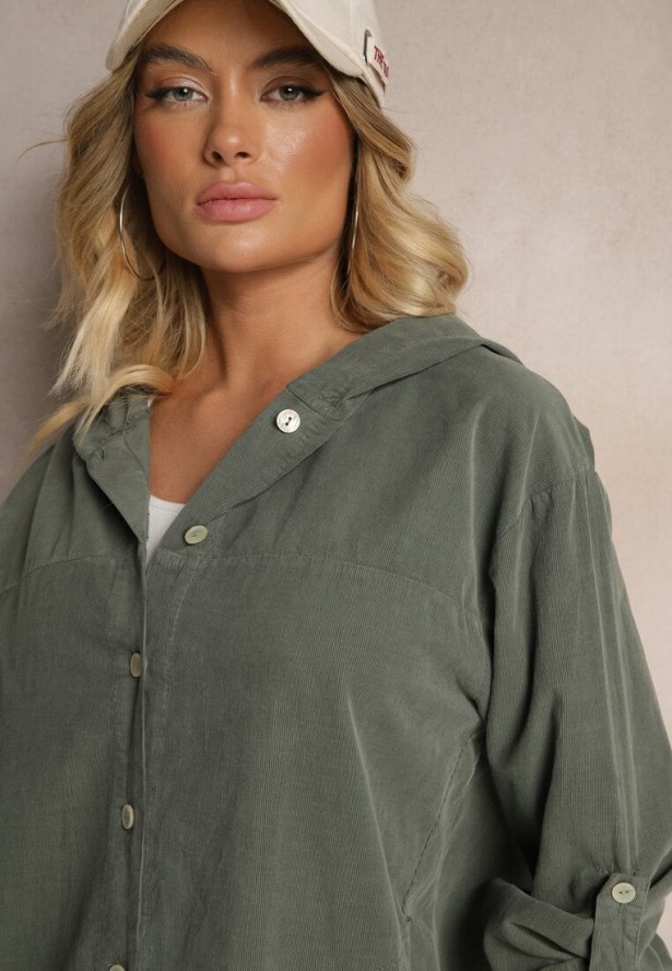 Ciemnozielona Koszula z Bawełny o Luźnym Kroju z Kapturem i Ściągaczem Felanira