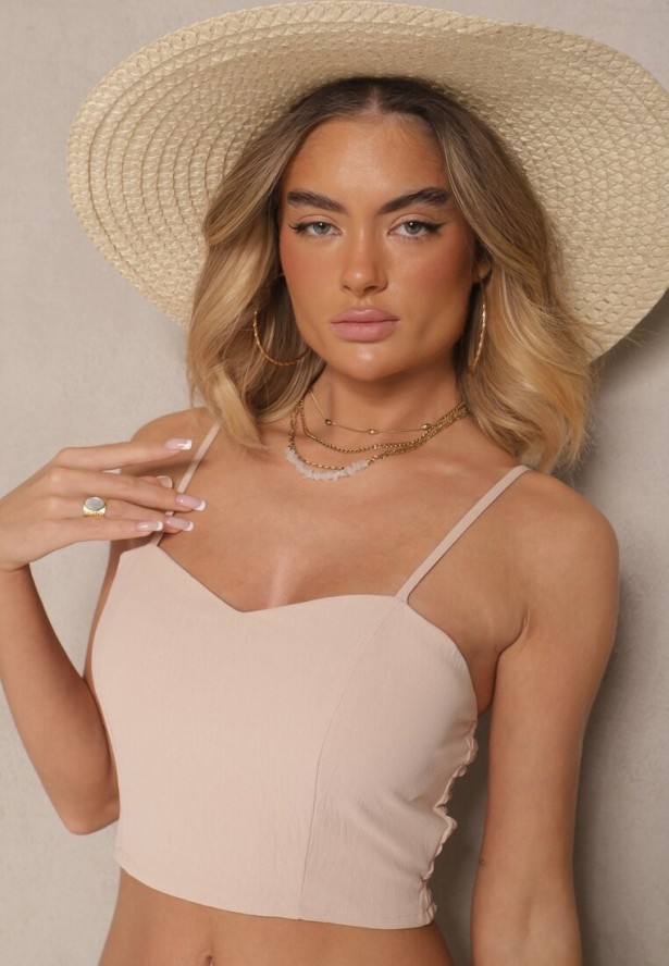 Beżowy Komplet Spodnie z Gumką w Pasie Top i Długa Koszula Arives