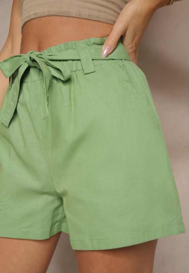 Zielone Szorty z Bawełny High Waist Ozdobione Paskiem Lioziera