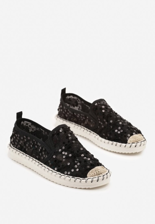 Czarne Siateczkowe Espadryle z Cekinowym Zdobieniem Vivianoria