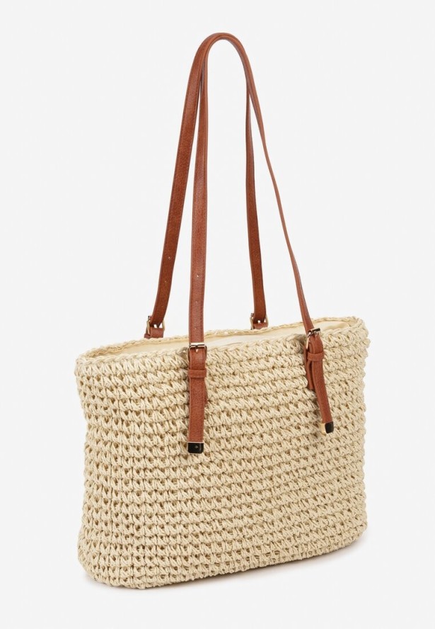 Jasnobeżowa Duża Pleciona Torebka Wykończona Rączkami z Imitacji Skóry Carpinea