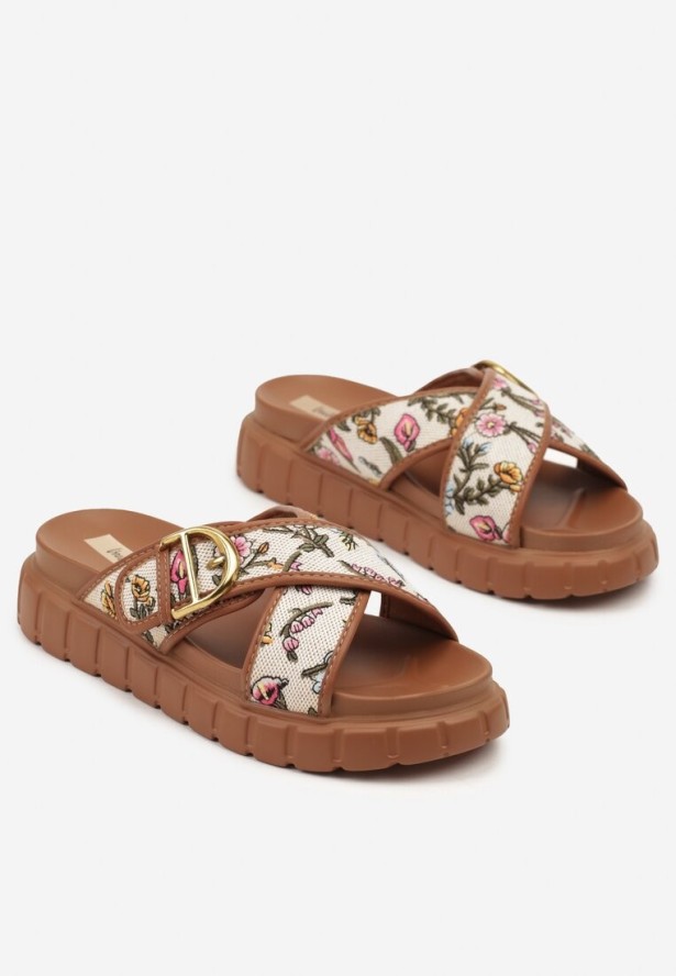 Brązowe Klapki na Grubej Tłoczonej Podeszwie w Kwiaty Dovelle