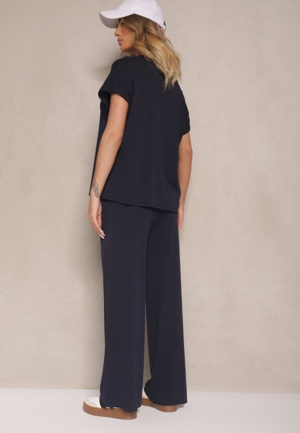 Granatowy Komplet z Wiskozy T-shirt i Spodnie o Szerokim Kroju Larives