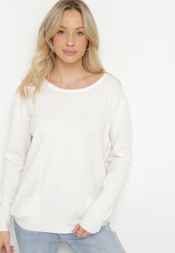 Biały Sweter z Kaszmirem i Ozdobnymi Kieszeniami Sanarea