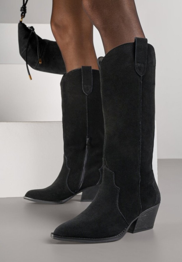 Czarne Kozaki Typu Kowbojki na Stożku z Naturalnego Zamszu Adeora