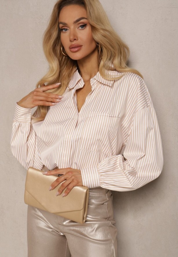 Beżowa Koszula z Długim Rękawem Zapinana na Guziki z Kieszonką Vloenni