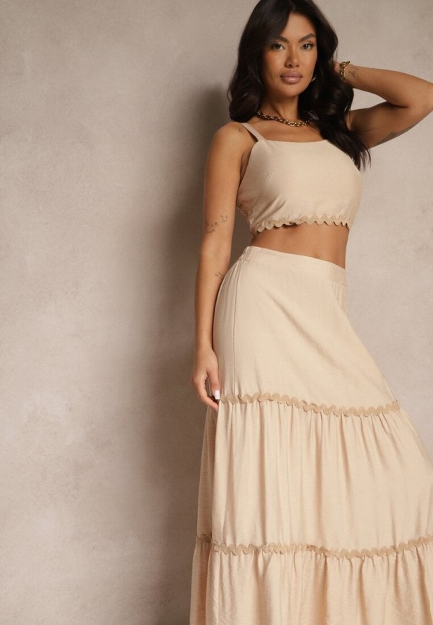 Beżowy Komplet z Wiskozy Top na Ramiączkach i Spódnica Rozkloszowana z Gumką w Pasie Efrisia