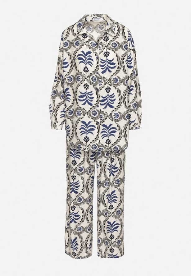 Niebieski Komplet z Wiskozą Koszula i Spodnie z Gumką w Pasie z Roślinnym Motywem Diviren