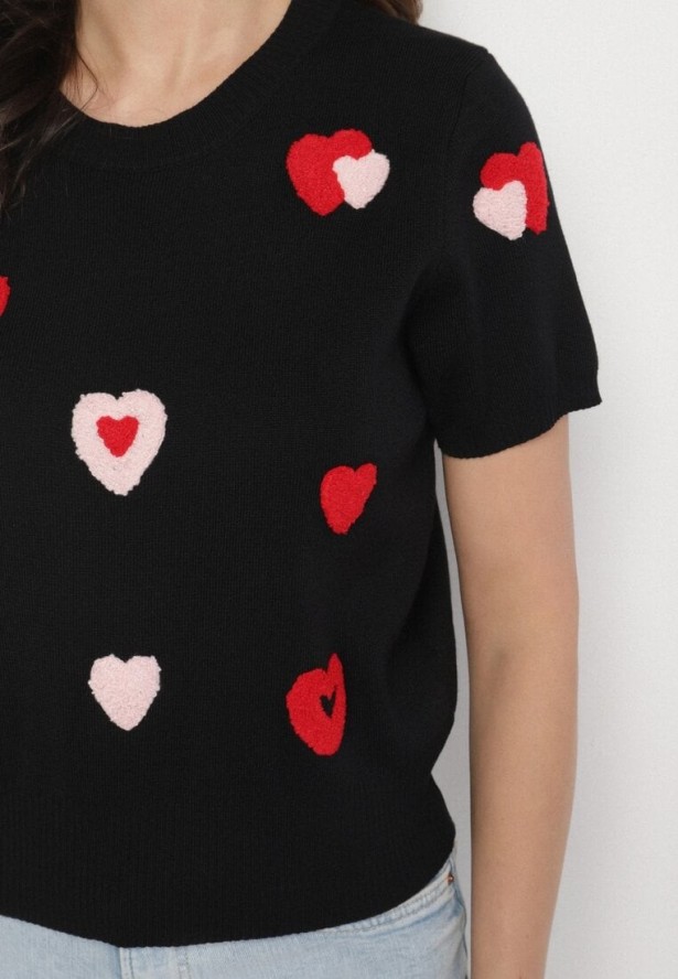 Czarna Bluzka Dzianinowa z Wiskozy w Serduszka Janirea