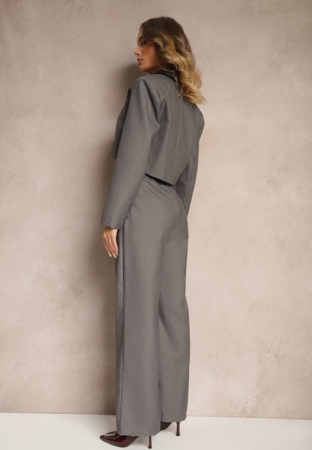 Szary Komplet Garniturowy z Krótką Marynarką i Asymetrycznymi Spodniami Remilena