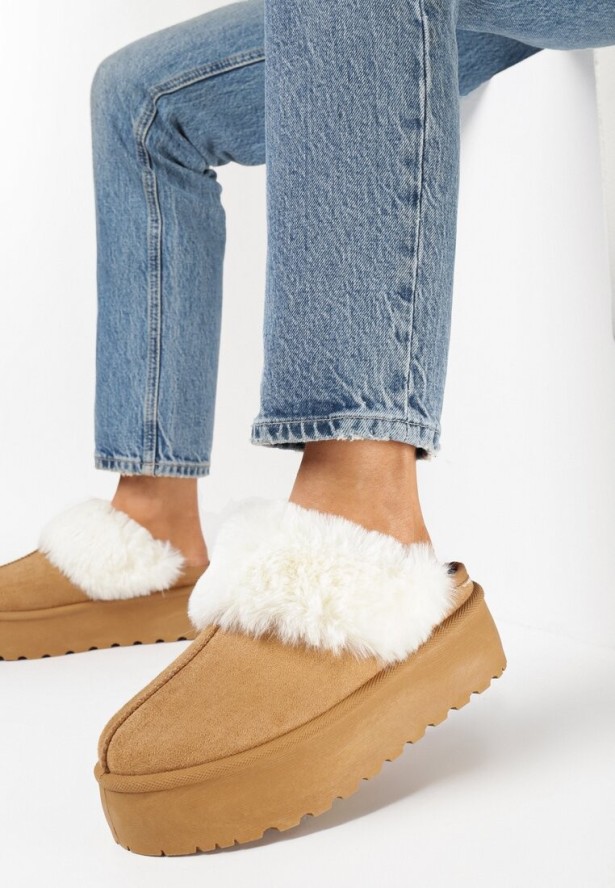 Brązowe Kapcie na Platformie z Futerkiem Sylva