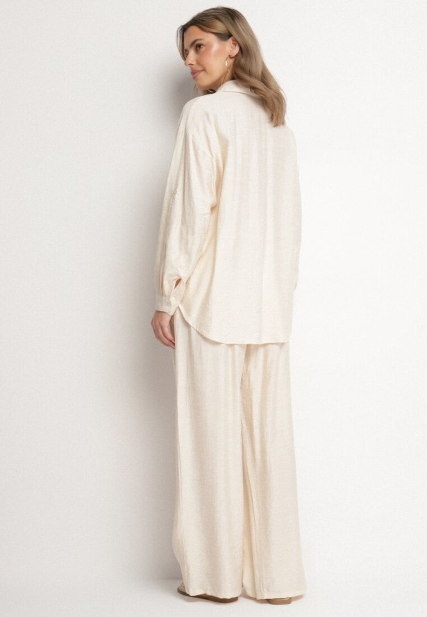 Jasnobeżowy Komplet z Wiskozy Koszula i Spodnie Sesanila