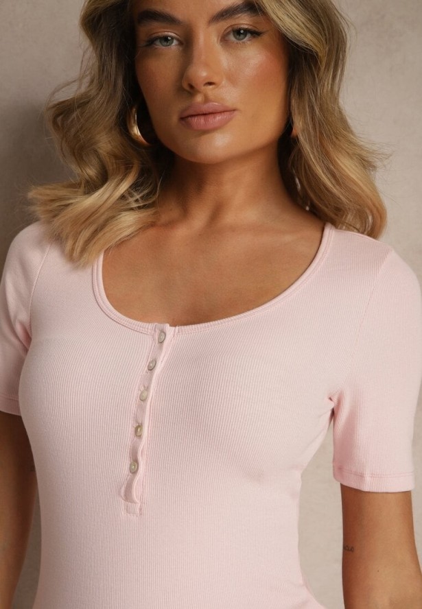 Różowy Bawełniany T-shirt Prążkowany z Guzikami Florvivi
