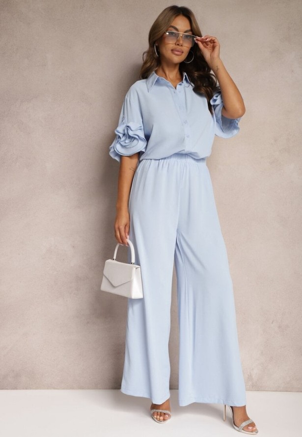 Niebieski Komplet Szerokie Spodnie i Koszula z Falbanami Rivathins