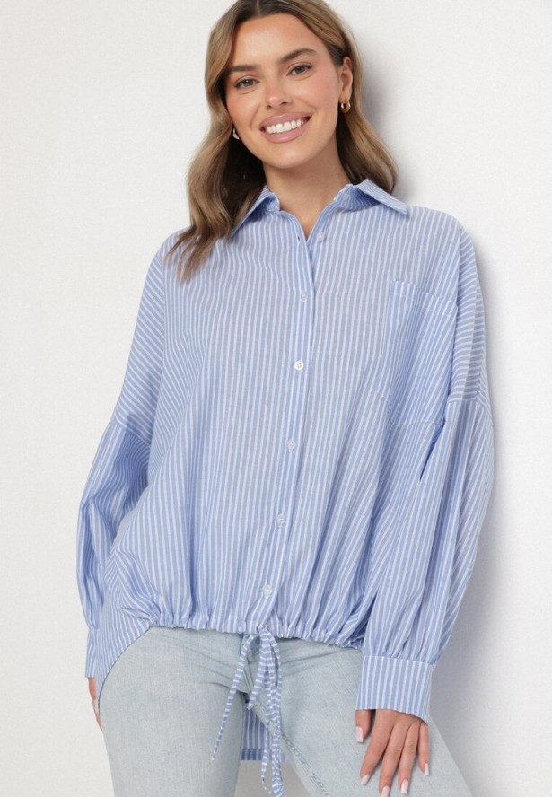 Jasnoniebieska Bawełniana Koszula Oversize w Paski ze Ściągaczem Elineola