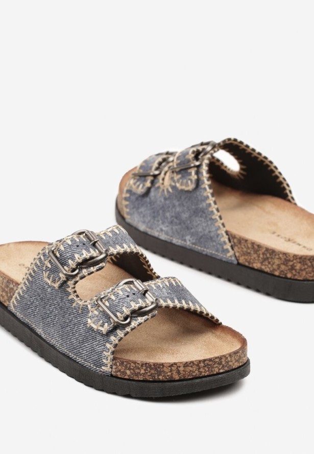 Ciemnoniebieskie Klapki na Grubej Korkowej Podeszwie Ozdobione Przeszyciami Nuridara