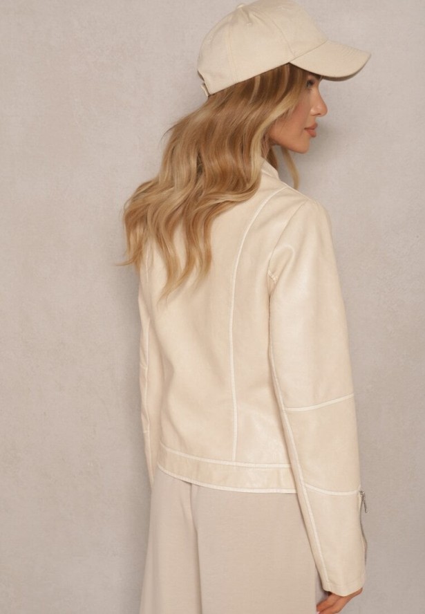 Beżowa Kurtka w Stylu Ramoneski z Ozdobnymi Paskiem i Suwakami Idivane