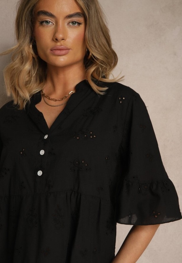 Czarna Rozkloszowana Sukienka Koszulowa z Bawełny Zdobiona Haftem i Falbanami Filarosa