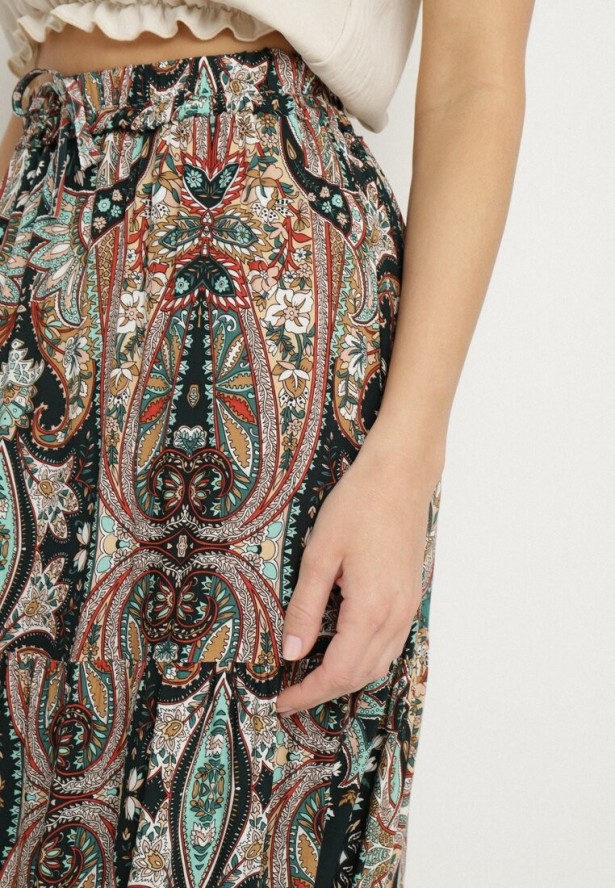 Beżowo-Czarna Wiskozowa Spódnica ze Wzorem Paisley Ellishea