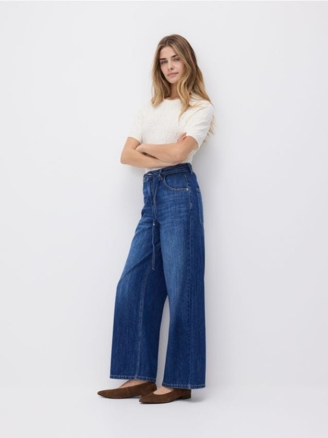 Jeansy wide leg z wiązaniem - niebieski