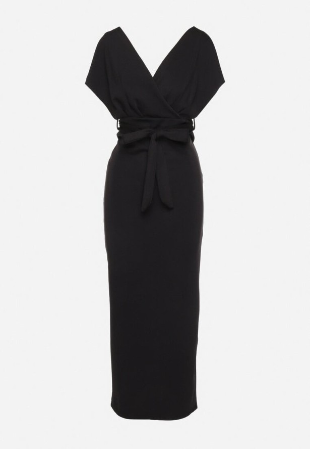 Czarna Wieczorowa Sukienka z Kopertowym Dekoltem i Rozcięciem z Materiałowym Paskiem Vorni