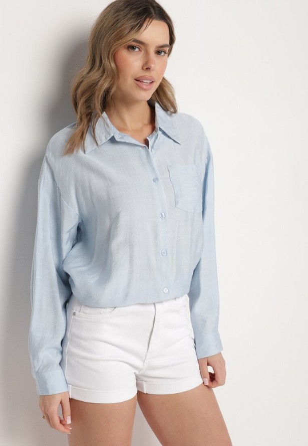 Jasnoniebieska Wiskozowa Koszula Ozdobiona Kieszonką Dovesse