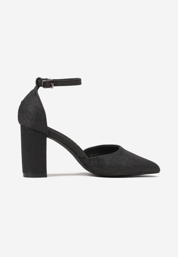 Czarne Brokatowe Czółenka Vices na Obcasie z Wkładką ze Skóry Naturalnej Rialivia