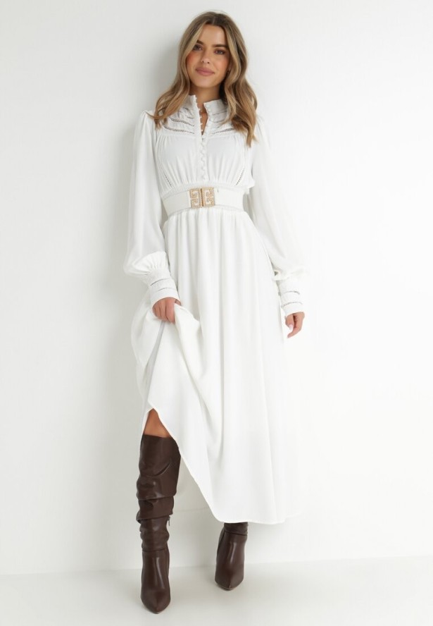 Biała Sukienka z Paskiem Laodyle