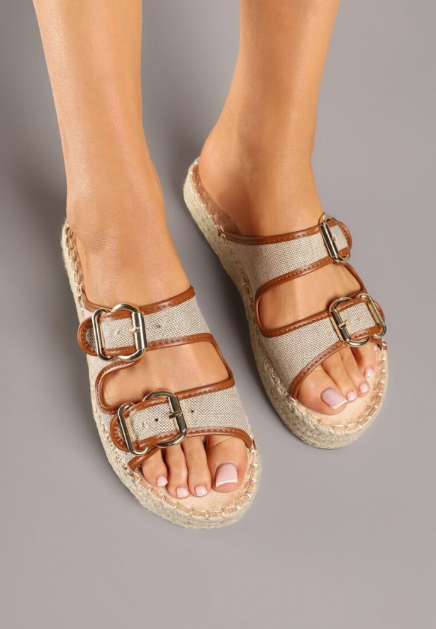 Beżowo-Brązowe Klapki na Podeszwie z Plecionki z Tweedowymi Paskami z Klamrami Zilaya