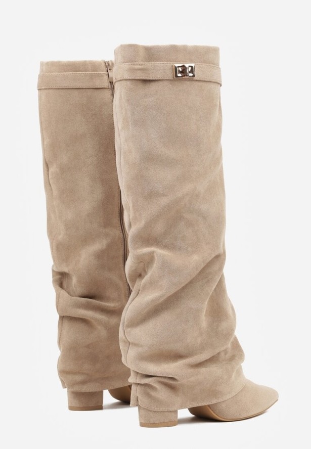 Ciemnobeżowe Marszczone Kozaki na Słupkowym Obcasie z Wywiniętą Cholewką Runella