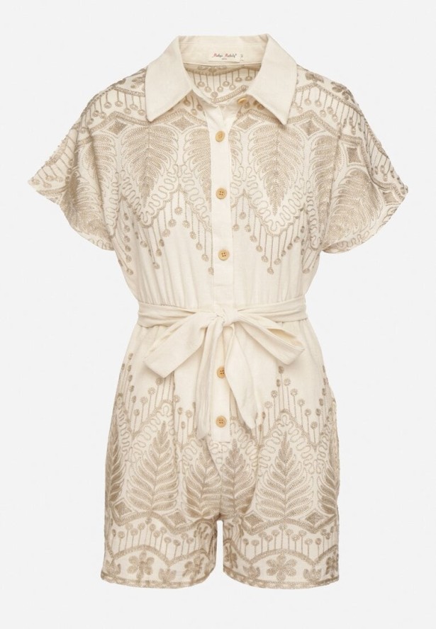 Beżowy Bawełniany Kombinezon z Haftem z Kołnierzykiem i Wiązanym Paskiem Ulisana