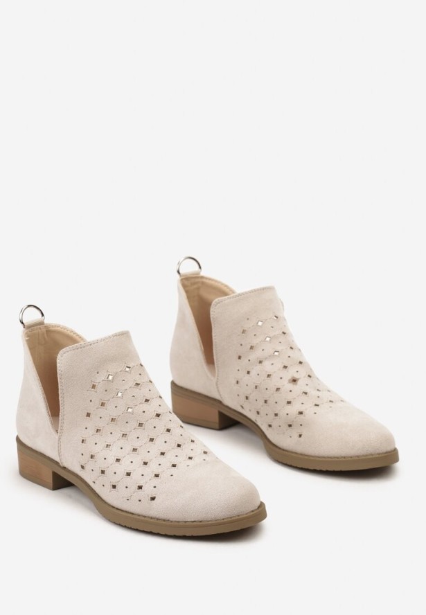 Beżowe Ażurowe Botki Sztyblety z Ozdobnym Rozcięciem Aleraa